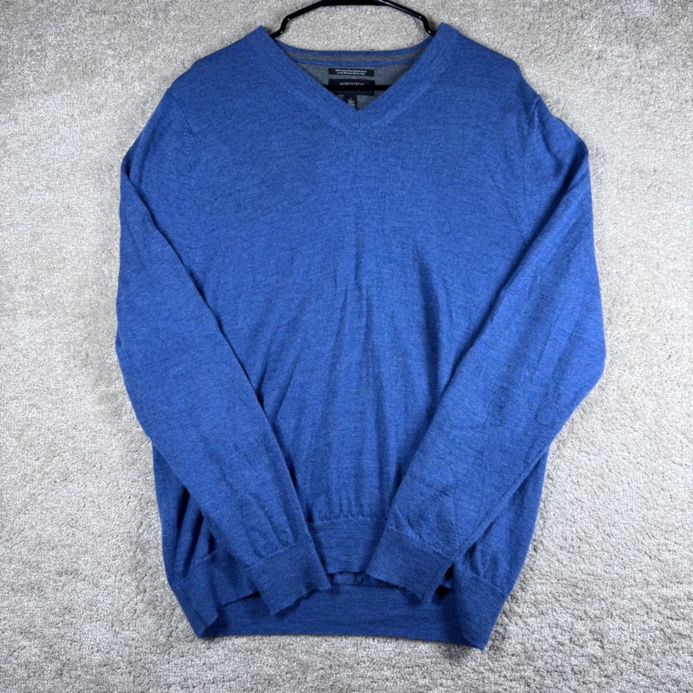 Nordstrom Mens Shop Blue 100% Extra Fine Merino Wool V-Neck Sweater Large L